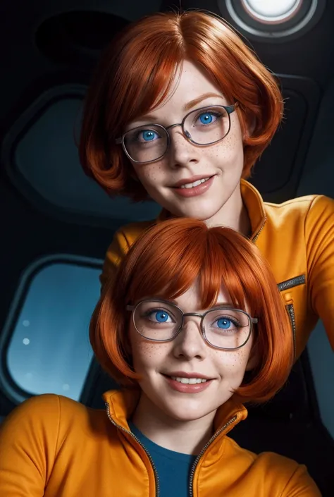 Velma Dinkley from Scooby Doo, on a spaceship, 1 girl, red hair, a few freckles, glasses, yellow and red spacesuit, square hairstyle, Blue eyes, mystical mood, horror film, Night, realistic image, high resolution, Realistic anatomy, in detail, view from be...