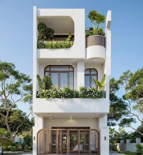 the house has 2 floors and 1 attic with a terrace. tall and narrow, modern design, steel gate and wooden details in harmonious c...