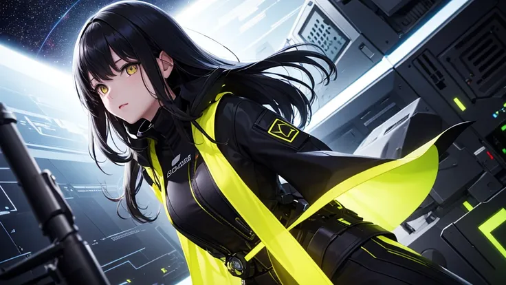 from future intelligence, technology background, complex mission, sudden mystery, unexpected result, confident look, space black pioneer dress, yellow eyes, black hair
