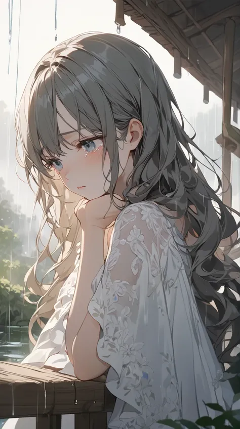 One Girl、(Delicate appearance:1.2)、(Porcelain Skin:1.1)、Long wavy hair、Flowing Dress、(Sad look:1.3)、(Sparkling Tears:1.2)、(Attractive eyes:1.1)、Small breasts、BREAK Soft lighting、Calm colors、(Gloomy mood:1.2)、(Gentle Rain:1.1)、Nostalgic atmosphere、BREAK The...