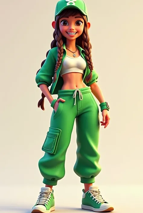 Fortnite style, (masterpiece, best quality), intricate details, 1 girl, solo, (3D), a skinny girl, small breasts, wide hips, brown hair with braids, green cap, white sports bra, green open shirt, green baggy pants, green sneakers. smile, braces,