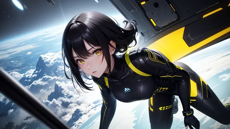 from future intelligence, technology background, complex mission, sudden mystery, unexpected result, confident look, space black pioneer dress, yellow eyes, black hair
