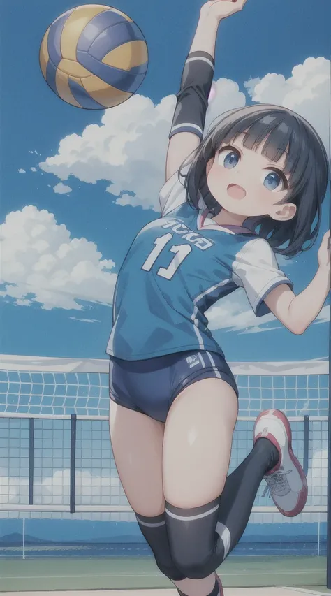 a volleyball player with blue volley uniform jump near the net. masterpiece.