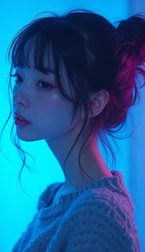 (Best Quality:0.8), (Best Quality:0.8), Perfect illustration((masterpiece, Best Quality)), Illustrator, anime, Realistic, sketch, 1 girl, lip, sweater, order, Blue gradient background, Neon Hair, Texture clipping, Canada, (masterpiece, Best Quality) cancer...