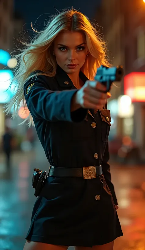 1 Female、American Beauty、Super beautiful、Facial beauty、blue eyes、Standing、New York Police Uniform、mini skirt、Golden Hair、Night Street、Backlight、The wind is blowing、He is looking intently at the barrel of the gun.、Thigh-up shot、pointing pistol