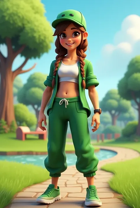 Fortnite style, (masterpiece, best quality), intricate details, 1 girl, solo, (3D), a skinny girl, small breasts, wide hips, brown hair with braids, green cap, white sports bra, green open shirt, green baggy pants, green sneakers. smile, braces, park