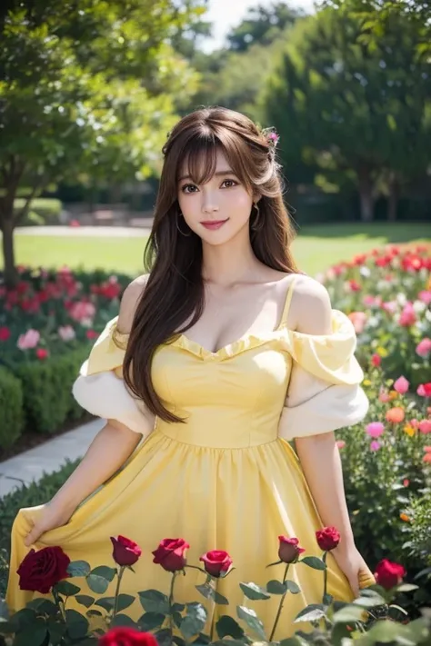 High resolution,bangs、Brown Hair、Long Hair、 Brown eyes、Large Breasts, Model body type、165 cm、24 years old、Beautiful Face、Natural Makeup、smile、Japanese、Disney Princesses、Belle from Beauty and the Beast、Yellow Dress、Cosplay、A fantastical place surrounded by ...