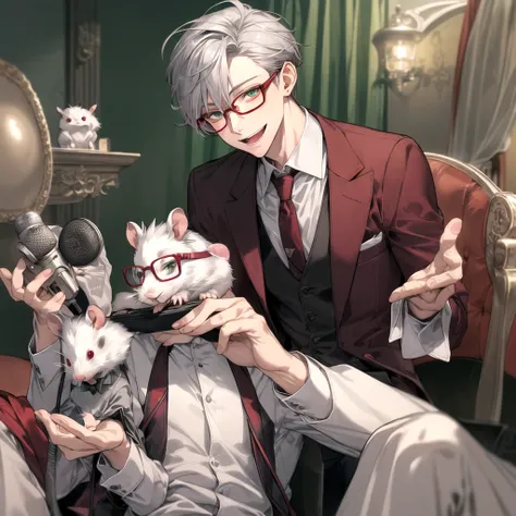 Best Quality, Gray Hair, One young man, Beautiful Face, Smile, Singing, Condenser microphone, headphone, maroon tie, Green Eyes, smile, Wearing glasses, A single white hamster is sitting on the young man&#39;s shoulder., Gentle colors,