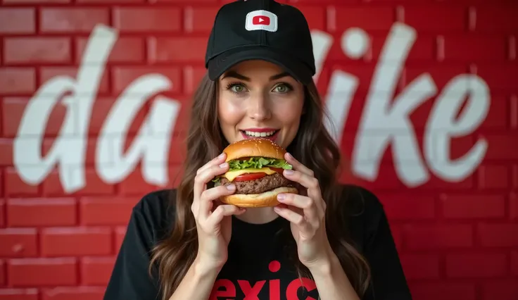 woman 20 years old, huge breasts, long brown hair, big green eyes, big eyelashes, full lips, shy smile, Black t-shirt with the legend "Mexico News" in red letters, black cap with youtube logo, is about to bite into a plain burger, In the background a red p...