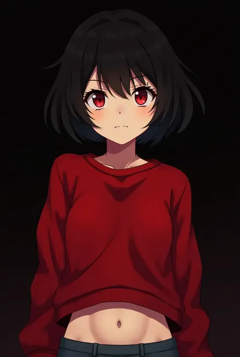 a  girl, short black hair, Red eye colors, with a red sweatshirt down to the navel and a black background and looking at the viewer in anime 