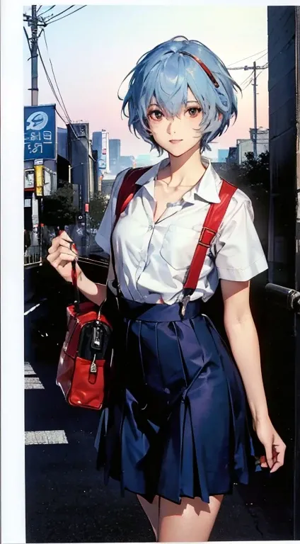 background, outdoors,: ((central neo tokyo, skyscraper area, near future, Evangelions worldview)), crowds, science fiction, cyberpunk, ((magazine cover, large title display:1.6, cinematic lighting, 90s vibe)), (((girl in a school uniform with student bag i...