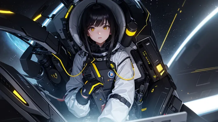 from future intelligence, technology background, complex mission, sudden mystery, unexpected result, confident look, space black pioneer dress, yellow eyes, black hair
