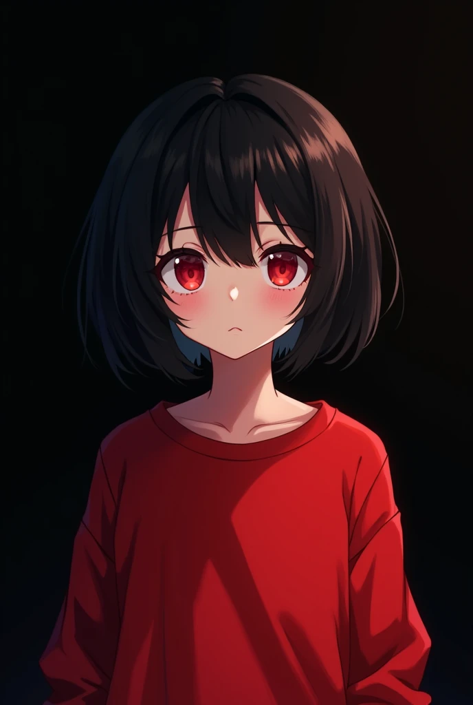 a  girl, short black hair, Red eye colors, with a red sweatshirt and a black background and looking at the viewer in anime