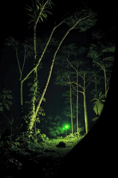 Create a landscape of the Amazon rainforest at night, in a horror style