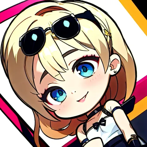 ((masterpiece, The best quality)),Quality edge,ironic smile,presumed, 
Chibi blonde Nadia with sunglasses and choker white background,simple bottom, 