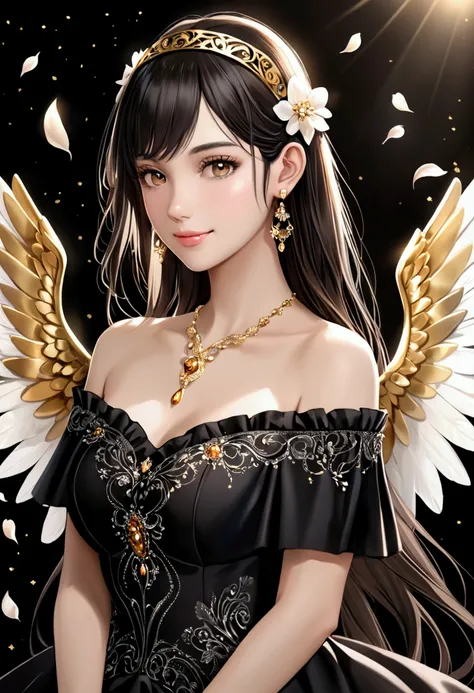 jorbria, angel wings, beautiful woman, (photorealistic), backlit, black background, black dress, black gloves, black hair, smile, cowboy shot, dress, earrings, floating hair, gloves, gold earrings, gold hair band, hair flower, hair ornament, ((hair band)),...