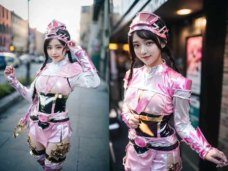 （8k、Raw photography、Best Quality、masterpiece：1.2),(Black Hair、Very short hair:1.8),(Twin braids:1.4)、Show Viewer,Viewed from the front,Erotic,白いskin,(Wearing a shiny pink ranger costume:1.9)、()、(Clothes that accentuate the shape of the breasts、Publish one&...