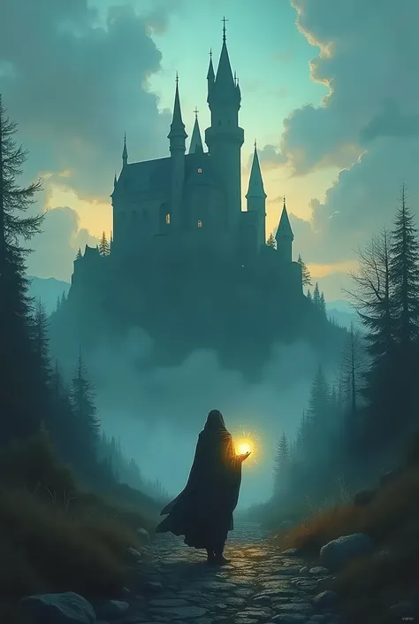 A person standing in front of a mysterious castle at dusk, has a glowing sphere, Soft light and clouds in the sky