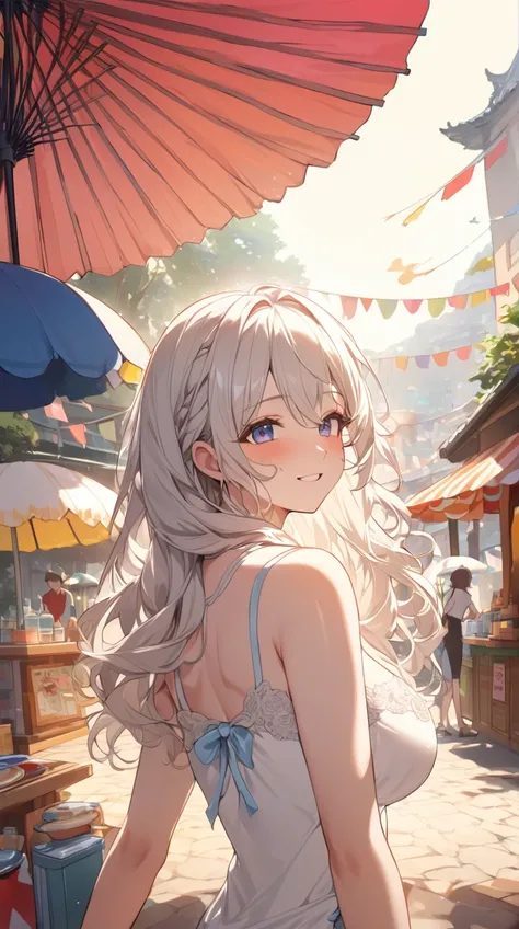 One Girl、(Delicate appearance:1.1)、(Porcelain Skin:1.2)、Long wavy hair、(With a colorful parasol:1.3)、(A happy look:1.2)、(Eyes enjoying the surrounding scenery:1.1)、Large Breasts、break  
(soft light:1.1)、(Bright colors:1.2)、(Convivial atmosphere:1.1)、Fun su...