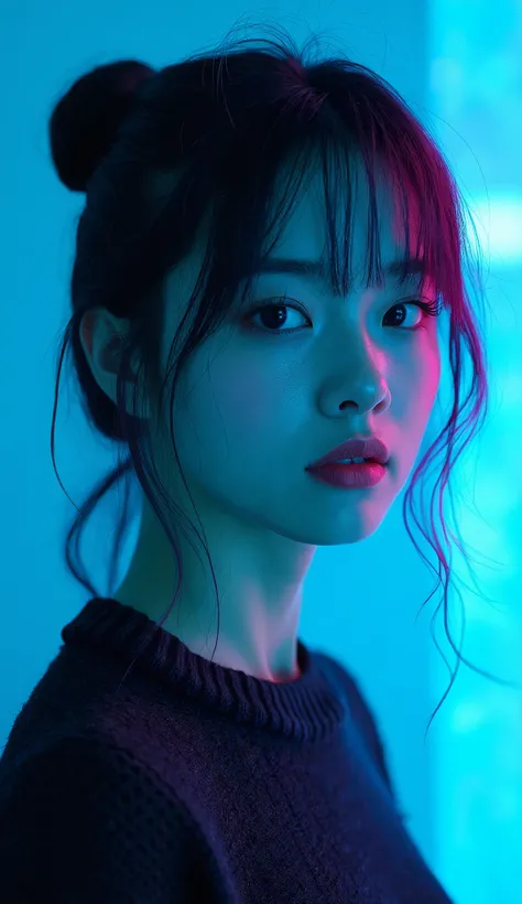 (Best Quality:0.8), (Best Quality:0.8), Perfect realistic photo、Ultra-Realistic、Japanese, ((masterpiece, Best Quality)), Illustrator, Realistic, 1 girl, lip, sweater, order, Blue gradient background, Neon Hair, Texture clipping, Canada, (masterpiece, Best ...