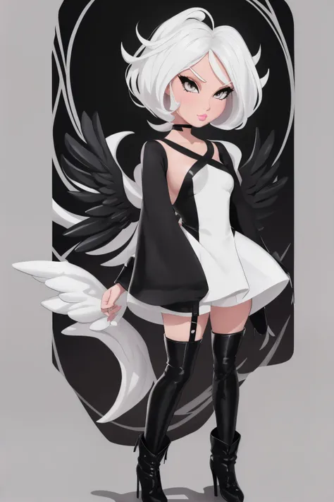 Barbie style CARTOON sexy intimidating look short white hair brown eyes white skin with white angel wings with two black lines in the middle and a long-sleeved gray dress, black boots 