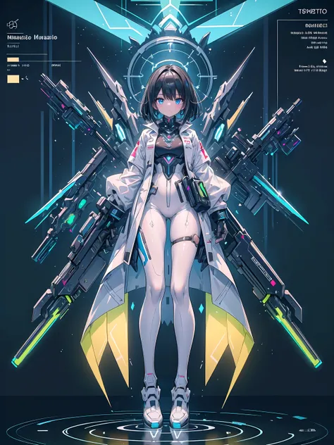 (((masterpiece, best quality, high detailed, 16k))) (1girl) A sharp and intelligent-looking woman with short, sleek black hair. She wears a futuristic white lab coat over a metallic suit of armor that glows faintly with blue light. Floating holograms of co...