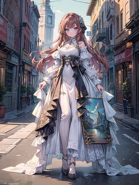 (((masterpiece, best quality, high detailed, 16k))) (1girl) A graceful woman with flowing auburn hair and soft features. She wears a gown made of canvas and paint, constantly shifting in colors. In her hand, she holds a painters palette that glows with vib...