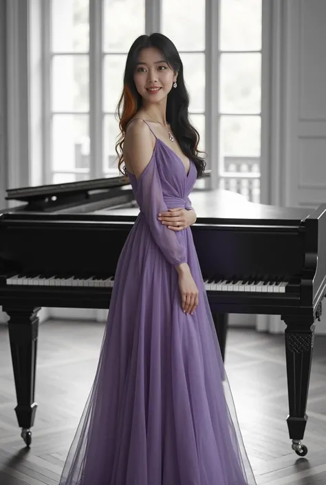 The hyperrealistic black and white photo shows a Korean woman in a purple, elegant dress posing in front of a black grand piano in a room with plenty of natural light. The piano has the ivory keyboard and keys visible and the frame is decorated with intric...