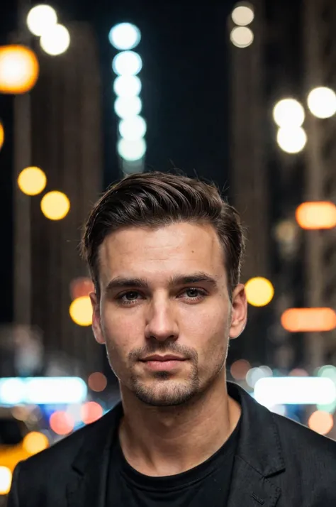 closeup face photo of caucasian man in black clothes, night city street, bokeh