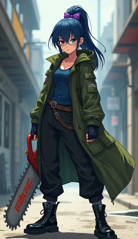 Dark blue high ponytail with purple bow、 different color eyes （Left red、Right olive green） 、wear glasses （silver frame）、full body prosthesis、Dark blue Tank-Top、black trousers、Wearing a military green coat、Black leather shoes、anime style、Handheld chainsaw、H...