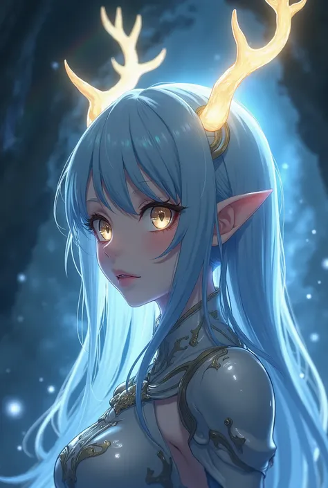 "Portray a mystical anime character with bluish silver hair, falling softly around her serene face. The highlight is its delicate horns, that resemble deer antlers. They are thin, carved into gentle curves and branching upward from his head, with a subtle ...