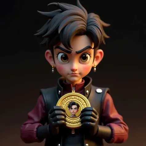 The image is a 3D Disney Pixar figure who appears to be wearing a uniform or costume of some sort.. He has short, spiky dark brown hair and dark brown eyes.. The young man&#39;s skin has a light tone. He is looking directly at the viewer and has a serious,...