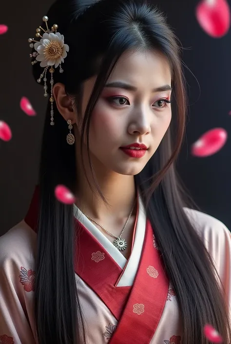 portrait of stunningly beautiful asian princess, dark eyeshadow, make-up, red lips, long dark hair, hair ornaments, earrings, ne...