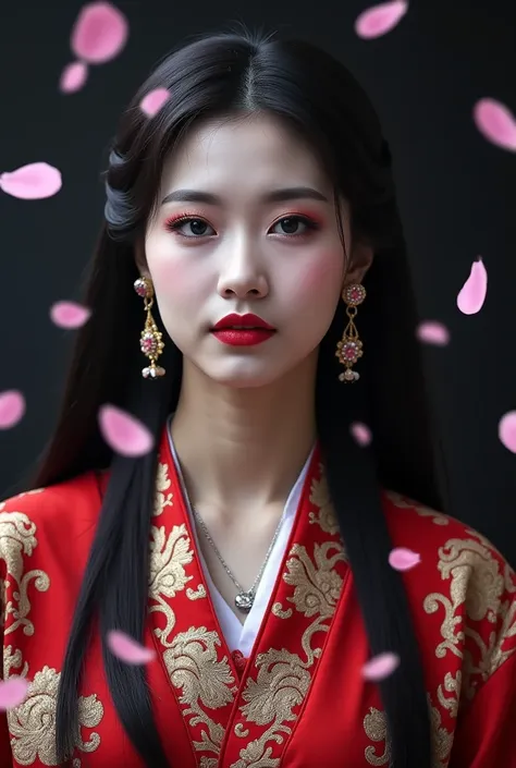 portrait of stunningly beautiful asian princess, dark eyeshadow, make-up, red lips, long dark hair, hair ornaments, earrings, ne...