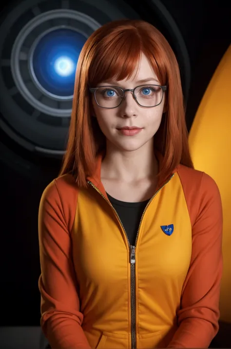 Velma Dinkley from Scooby Doo, on a spaceship, 1 girl, red hair, a few freckles, glasses, yellow and red spacesuit, square hairstyle, Blue eyes, mystical mood, horror film, Night, realistic image, high resolution, Realistic anatomy, in detail, view from be...