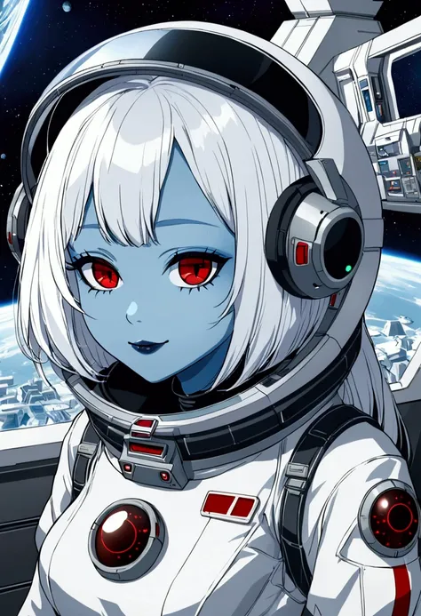 Blue skin girl, white hair, red eyes, Black Lipstick, eyelash, eye shadow, space suit, space colony, city in space, space colonizer, sweet smile, technical office, futurologist, advanced technology, Alien Girl.