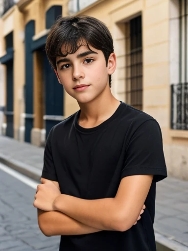 , image in 8k or higher of a boy,  Spanish teenage boy ,short black hair,  on the streets of Madrid Spain, with a shirt