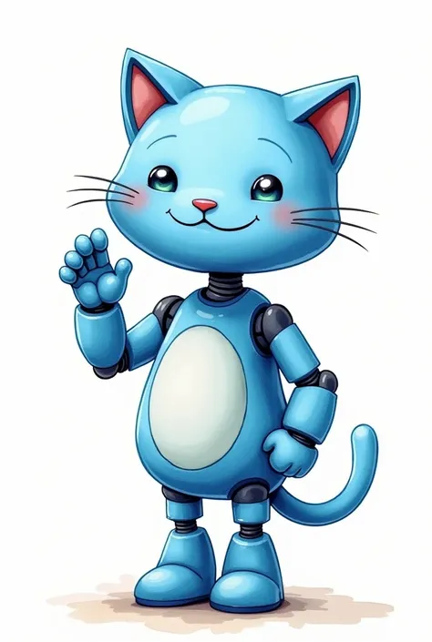 Caricature, The world-famous blue cat robot is smiling and waving, stocky, earless, super deformed, line art, watercolor