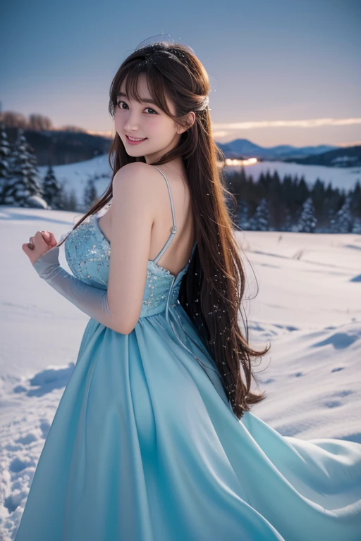 High resolution,bangs、Brown Hair、Long Hair、 Brown eyes、Large Breasts, Model body type、165 cm、24 years old、Beautiful Face、Natural Makeup、smile、Japanese、Tie your hair back、Disney Princesses、Frozen、Blue Dress、Frozenのエルサのドレス、Princess Dress、night、Snow Scene、In ...