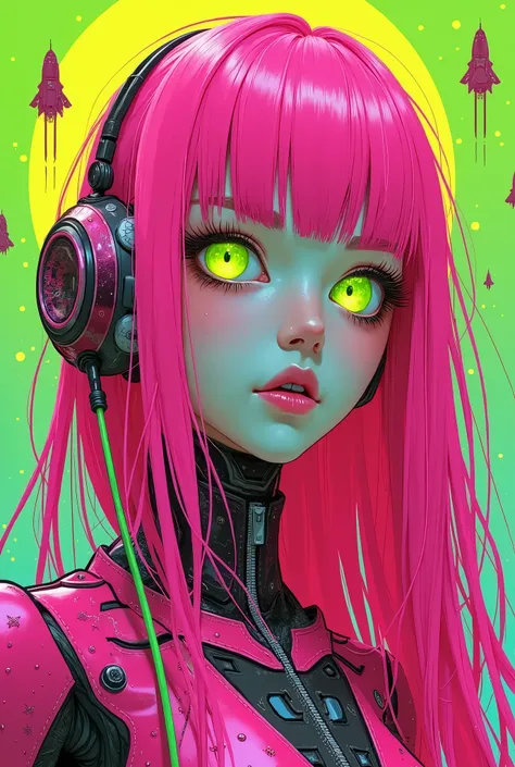 ((best quality)), ((masterpiece)), (detailed), perfect face of cyberpunk mecha japanese girl, neon pink body, neon pink hair, big neon lime green eyes, ((monochromatic neon pink, orange and lime green color palette)), surreal, art nouveau, in the illustrat...