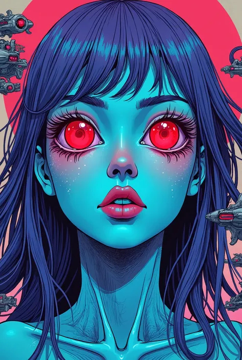 ((best quality)), ((masterpiece)), (detailed), perfect face of cyberpunk mecha japanese girl, neon red eyes, neon blue body, neon purple hair, ((monochromatic neon red, blue, and purple color palette)), surreal, art nouveau, in the illustrative style of mo...