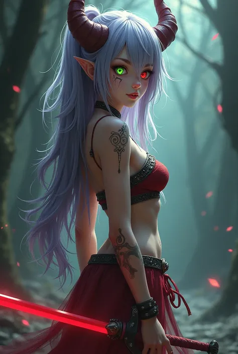 Create a demon girl with long silver-purple hair, friendly look, slim and toned build, scantily clad, with heterochromia, with a scar on his face, with a unique style and red colored sword, with a hunter&#39;s mark on his face