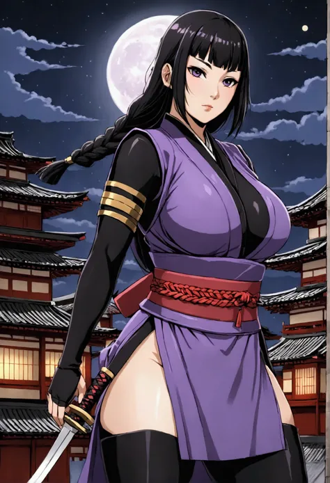 ninja woman, long black hair in braids, purple ninja suit, sharp dagger, voluptuous woman, ninja girl, feudal japan, Imperial City, night, crescent moon.