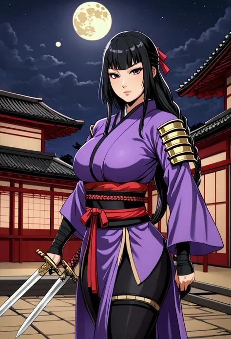 ninja woman, long black hair in braids, purple ninja suit, sharp dagger, voluptuous woman, ninja girl, feudal japan, Imperial City, night, crescent moon.