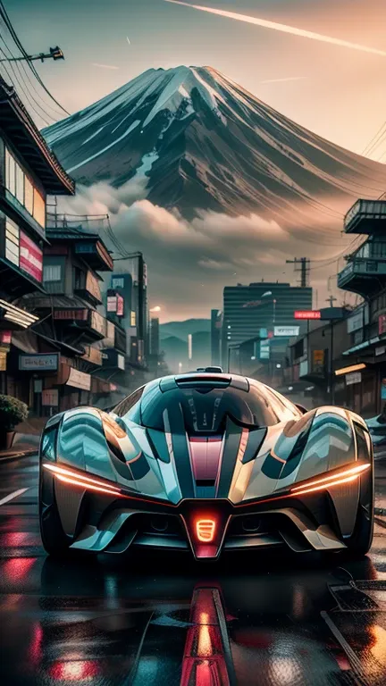 ((masterpiece)), ((best quality)), 8k, ultra-detailed, dynamic view of a futuristic sports car inspired by japanese design, (sle...