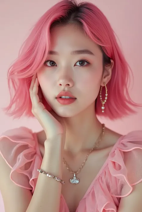 A realistic photo, 20 years old cute Japanese girl, high fashion, bob with pink hier color, eye contact,real face and no errors in hands, feet, or ears --no low quality --stylize 250.0