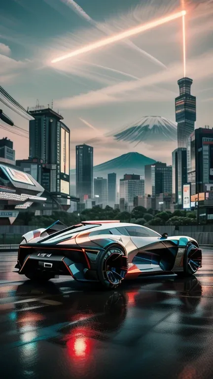 ((masterpiece)), ((best quality)), 8k, ultra-detailed, dynamic view of a futuristic sports car inspired by japanese design, (sle...