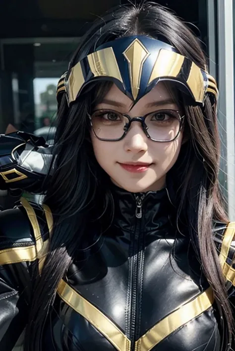 A woman smile, black ranger suit, as she power rangers black, helmet mask, long hair, high detailed, realistic, gloves, ultra realistic, ((full face helmet)), glasses on eyes