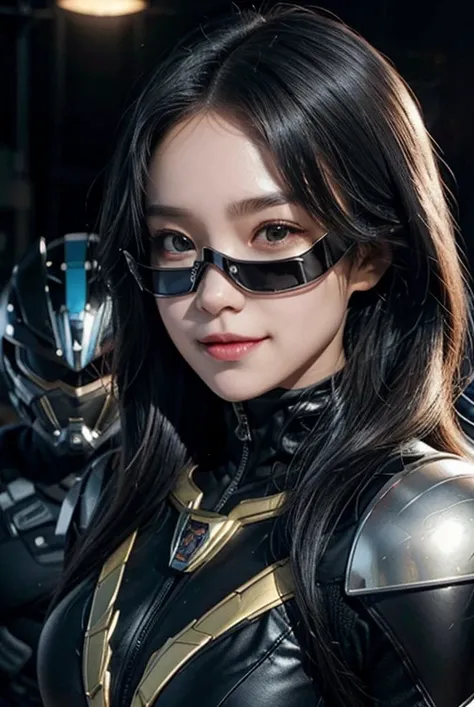 A woman smile, black ranger suit, as she power rangers black, helmet mask, long hair, high detailed, realistic, gloves, ultra realistic, ((full face helmet)), glasses on eyes