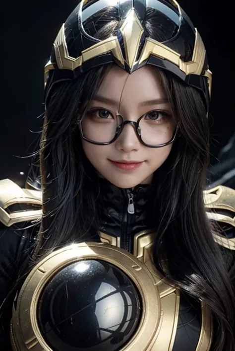 A woman smile, black ranger suit, as she power rangers black, helmet mask, long hair, high detailed, realistic, gloves, ultra realistic, ((full face helmet)), glasses on eyes